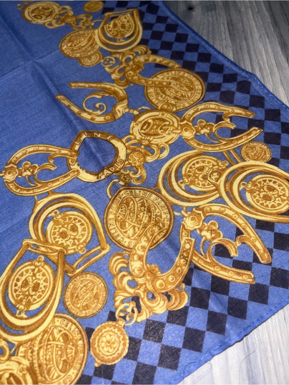 Vintage Celine Blue Cotton Handkerchief with Gold Medallion Design - Picture 10 of 11